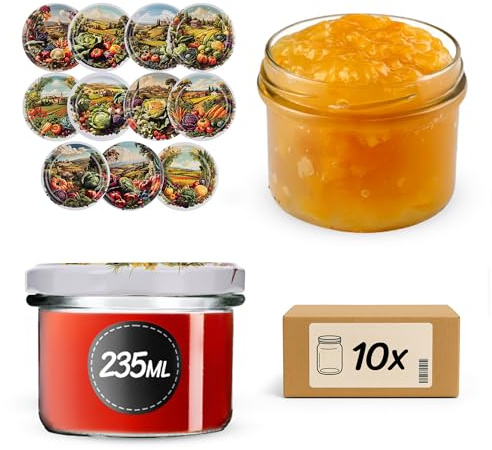 KADAX konserveringsburkar 235 ml med skruvlock fi82 mm, små syltburkar med lock, skruvburkar för sylt och honung, fallburkar, förvaringsburkar av glas (grönsaksfält, 10 stycken)
