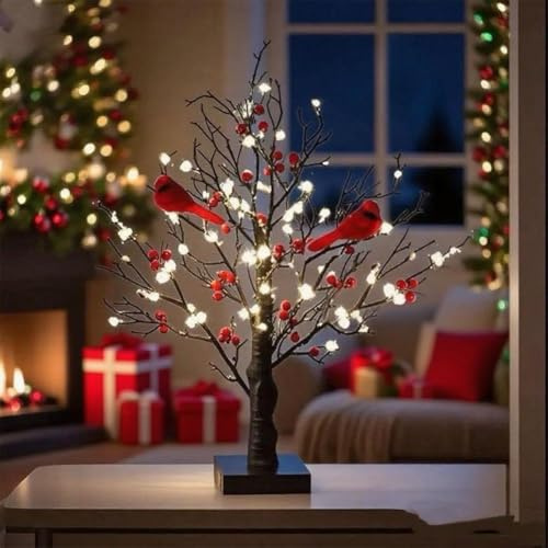 Arbre lumineux vintage avec baies et baies – Décoration de table en bouleau blanc lumineux à DEL de 53,3 cm avec oiseaux rouges à piles – Décoration de table pour Noël