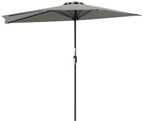 Outsunny Ombrellone Mezzaluna da Parete e Muro 2.7 x 1.4 m, Ombrellone da Giardino con Apertura a Manovella e 5 Stecche, a Semicerchio con Palo a 2 Sezioni, Grigio Chiaro