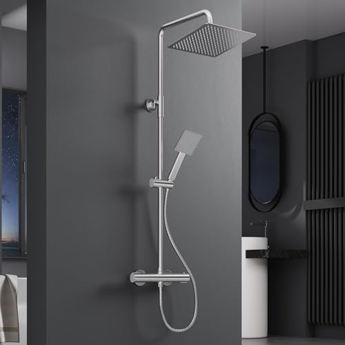 Colonne de Douche avec Mitigeur Thermostatique, Kit Douche Pluie Acier Inoxydable 304, Ciel 25x25 cm, Barre Réglable 88-125 cm, Adaptable aux Perçages, Douchette avec Flexible Anti-fuite, Chromé
