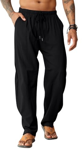 LAOARA Pantalons Homme de Lin Pantalons de Plage Hippy Harem Pantalons Elastique Coton Pantalons
