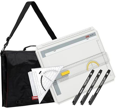 Aristo VD87140 Zeichenplatten Set 1 (AR70442 Geo Board Zeichenplatte A4, AR7090 Schnellzeichendreieck, AR7064 Carry Bag schwarz, AR23513 College Pigmentliner 3er-Set)