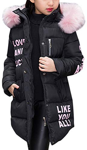 ShallGood Niñas Plumífero Acolchado Largo con Capucha Abrigos Plumas Ropa Caliente Invierno Mediano Largo Parka Calido Acolchado Parka De Piel Sintética (150 cm, Negro)
