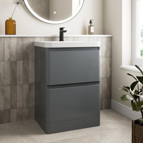 Affine 500mm Bathroom Vanity Unit With Wash Basin Ceramic Sink, Grey Gloss | Single Tap Hole, 2 Soft Close Drawers, Cloakroom Storage Furniture Freestanding Cabinet, Fully Assembled, Modern Curved