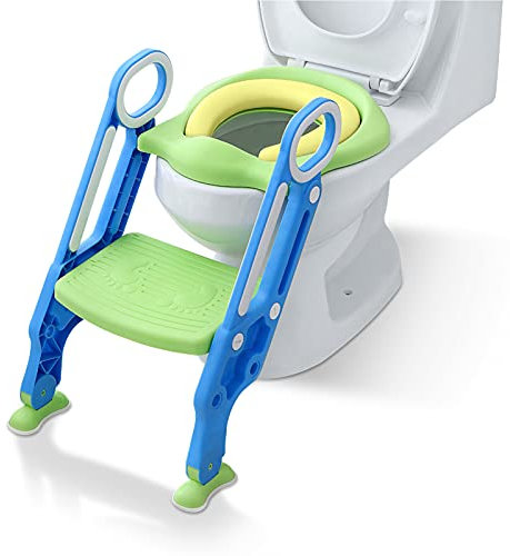 NAIZY Toilettensitz Kinder mit Treppe Faltbar Töpfchentrainer Höhenverstellbar WC Trainer mit PU Gepolstert Kissen und Griffen Töpfchen für Kinder von 1-7 Jahren Kleinkinder - Blau und Grün