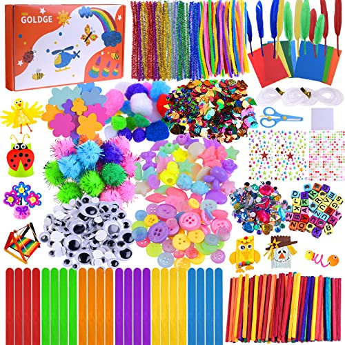 GOLDGE 1800+ Bastelsets Bastelbedarf für Kinder ab 3-12 Jahren Bastelset Ostern Kunst und DIY Handwerk Ostern Basteln mit Pfeifenreiniger Pompon Federn Perlen Moosgummi Buntpapier Dekorationen