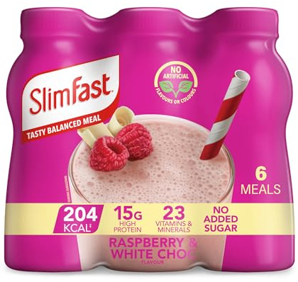 SlimFast • Raspberry + White Chocolate Meal Replacement Shake • 204 Cals • 15g Protein • 23 Vitamins • No Added Sugar • Ready to Drink • 4.9g of Fibre • Smooth White Chocolate Flavour • 6 x 325 ml