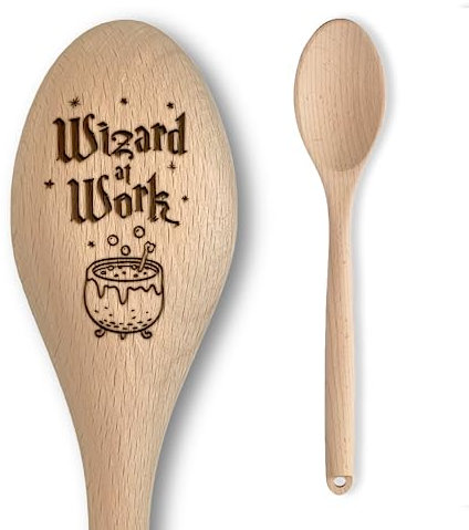 Harry The Wizard Baking Gift - Wooden Spoon Wand - Engraved Inscription - Cooking Baking Gift for Men & Women - Unofficial Fan Item (Wizard at Work)