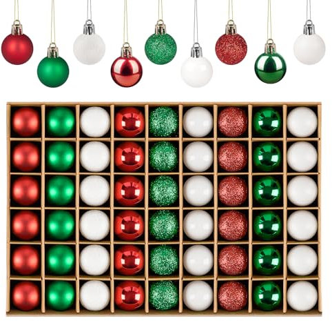 Weihnachtskugeln 54er Set, Christbaumkugeln 3CM, Weihnachtskugeln klein Kunststoff, Glänzend Matt Mini Christbaumkugeln,Bruchsicher Kleine Kugeln Weihnachten mit Schlüsselband(Grün Weiß Rot)