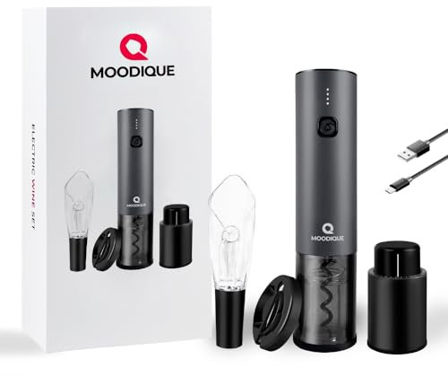 MOODIQUE Cavatappi Elettrico per Vino Set Professionale Ricaricabile USB e Led per Livello Batteria, Apribottiglie Elettrico con Taglia Capsule, Versatore Vino e Tappo Sottovuoto