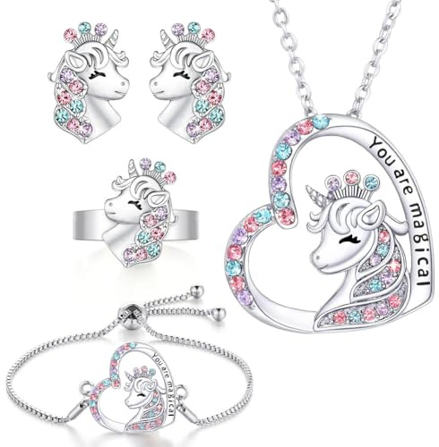 OSDUE Bijoux Argent Licorne Ensemble, Petites Filles Collier Bracelet Bague Boucles d'oreilles Set 5 Pièces Princesse Habiller Jeu Anniversaire Noël Cadeau pour Fille