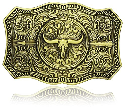 Yjfeshion oval långt horn tjurskalle bältesspänne indianer vintage turkos träpärlor västerländsk cowboy spännen för män gåva, Tjur guld, L