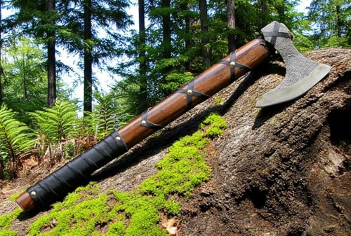 Poshland AX-7000 Custom Gift Forged Carbon Steel Viking Axe with Rose Wood Shaft, Viking Bearded Camping Axe (AX-7000) (AX-5936)