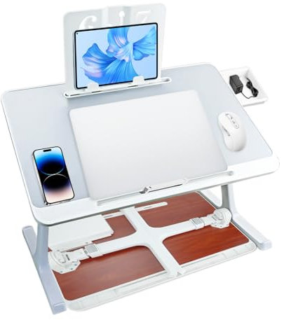 CRITIVE-S Foldable Laptop Bed Table, Bed Desk Portable Angle Height Adjustable, Multi-purpose Laptop Tray with Drawer Book Stand Tablet Slot Retainer Bar, Lap Desk for Working Reading on Bed Sofa