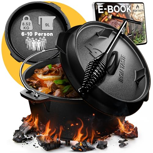 IRON TASTE Dutch Oven Set 9L - Eingebrannter Dutch Oven 9 Liter - Feuertopf Gusseiserner Topf mit Füßen & mit praktischem Deckelheber [für 6-10 Personen]