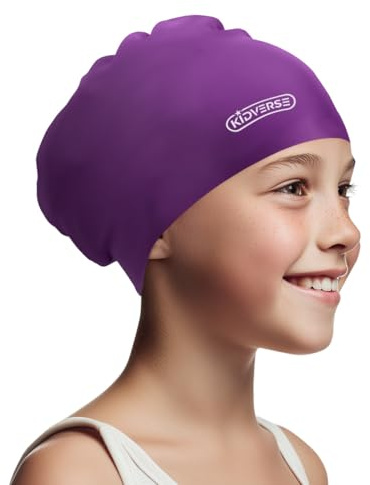 KIDVERSE Badekappe Kinder Lange Haare - Schwimmhaube Kinder mit Anti-Rutsch-Noppen - Badekappen für Schwimmer mit UV Schutz - Badehauben für Lange & voluminöse Haare