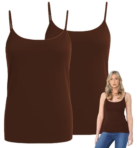 janisramone® Dam Cami Strappy Bodycon Linne, förpackning med 2 Ärmlösa Scoop Neck Väst Toppar Kvinnor UK, Stretchig, Slim Fit Gym Wear, Plain Casual Sommar Damer Camisoles, Brun, 8-10