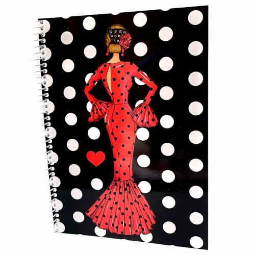 Röd flamingo anteckningsbok / anteckningsbok – 100 kvadratiska sidor – 17 x 24 cm – svart halvstyvt lock med vita prickar – 80 g papper – illustrerad design – flamingo presentidé