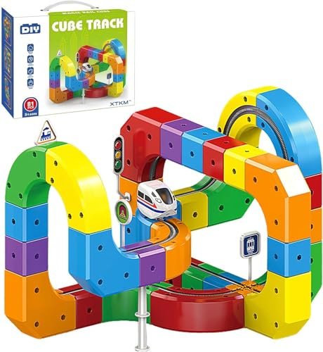 Juego de tren eléctrico, juego de tren flexible de fusión, kits de construcción de pistas de autos de carreras con tren y señales de tráfico, para niños de 4 a 10 años, regalos de fiesta de cumpleaños
