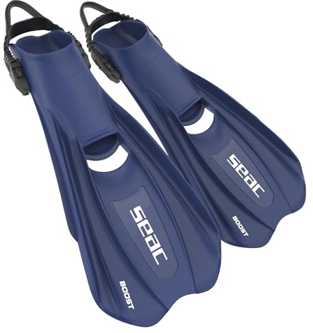 SEAC Boost – Aletas de Snorkel y Buceo con Correa elástica Tipo Bungee Ultrapractica | para Usar Incluso Sin Escarpines o Calcetines | Extra Ligeras, Suela Antideslizante
