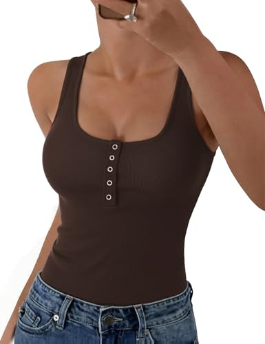 Aottori Camisetas Sin Mangas Verano Mujer Chaleco Básico Cuello U Acanalado Top Botones Liso Ajustado Elástico Camiseta Casual Tipo Túnica Marrón S