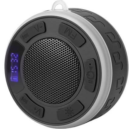 Bewinner Bluetooth Duschhögtalare med Sugkopp, LED-klocka Batteridisplay, RGB-ljus, 360° Stereoljud, Vattentät Bärbar Högtalare för Badrum och Utomhusbruk (Svart)