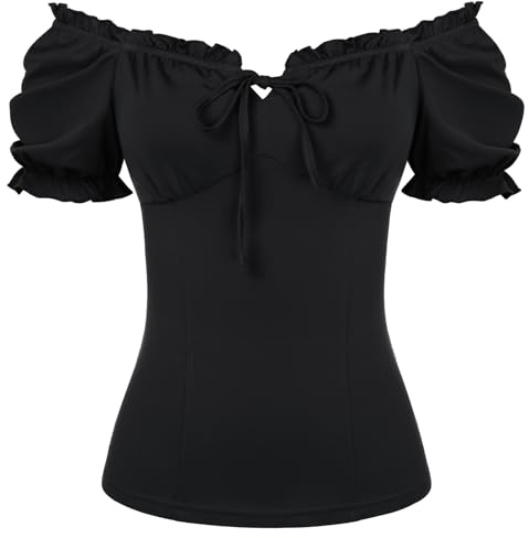 SCARLET DARKNESS Blusa renacentista con mangas abullonadas para mujer, estilo medieval, cuello cuadrado, retro, con volantes, Negro, XXL
