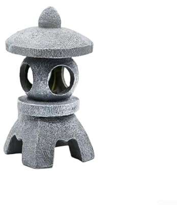 YJDOORPLAY Farol solar de pagoda, luz LED de resina con efecto de piedra de camino con encendido/apagado automático, decoración de jardín zen para patio, césped, gris (32,5 cm) (B)