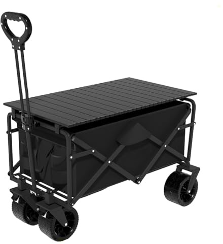 Vikbar Bollerwagen med bord bärbar strandvagn trädgårdsvagn camping hundvagn justerbart handtag terränghjul kopphållare – svart modell A