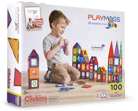 Playmags 100 3D Magnetic Blocks Set For Kids - Learn Shapes, Colors, & Alphabets - STEM Stronger Magnets Toys - Magnetic Building Blocks and Tiles For Kids & Idea Book