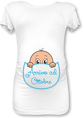Babloo T Shirt Maglia Premaman in Arrivo a Ottobre Bianca Maschietto M Manica Corta