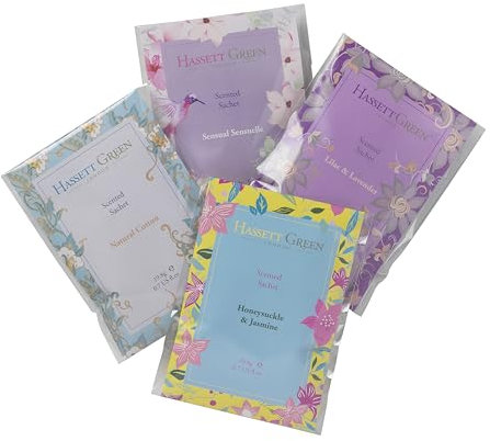 Hassett Green London Hand Made Scented Sachet Large - Four Pack Honeysuckle & Jasmine, Lilac & Lavender, Natural Cotton, Sensual Sensuelle - For Wardrobes and Drawers