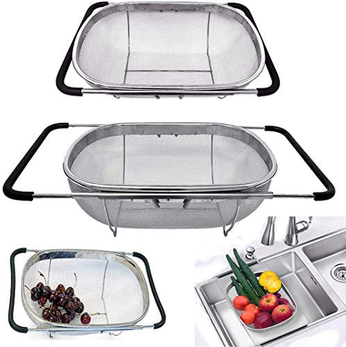 D L D - Colino ovale in acciaio inox di alta qualità con cestello a rete fine da 5,8 litri e manici in gomma espandibili, per scolare, filtrare e sciacquare frutta e verdura (modello Upgrade)