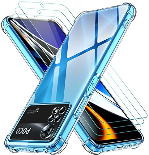 ivoler Funda para Xiaomi Poco X4 Pro 5G con 3 Piezas Cristal Templado, Carcasa Protectora Antigolpes Transparente, Suave TPU Silicona Caso Delgada Anti-Choques Case