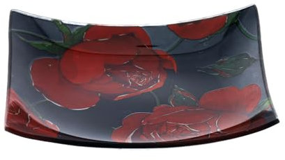 Hervit Piattino Svuotatasche in Vetro Nero con Rose Rosse Baccarat - Scatola Regalo 2 Dimensioni 2 Colori - Svuota Tasche Porta Oggetti Arredo - Bomboniera Laurea Matrimonio Compleanno - 15x15cm