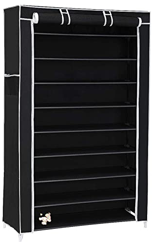 HUOLE Armario Tela Plegable in Negro - Guardar Ropa Organizador Zapatero de Textil Tela Portátil con Cremallera y 9 Estantes per Zapatos - Closet Estanteria Exterior (Negro, 88 * 28 * 160 cm)