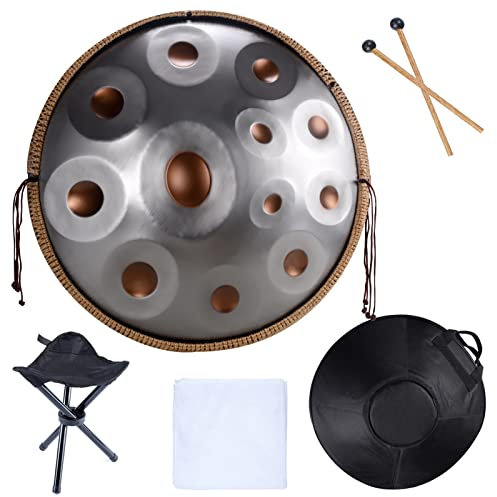 LingTing Handtrommel, 22 Zoll Stahl-Handpan-Trommel mit weicher Handpan-Tasche, 2 Handpan-Schlägel, Handpan-Ständer, staubfreies Tuch (Graugold - 12 Tones)