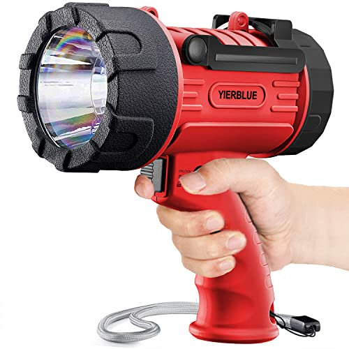 YIERBLUE Rechargeable Spotlight Flashlight with Super High High Lumen LED, IP67 Waterproof Long Running Spot Light searchlight, Impact Resistant Handheld Spotlight with Foldable Stand and Red Lens
