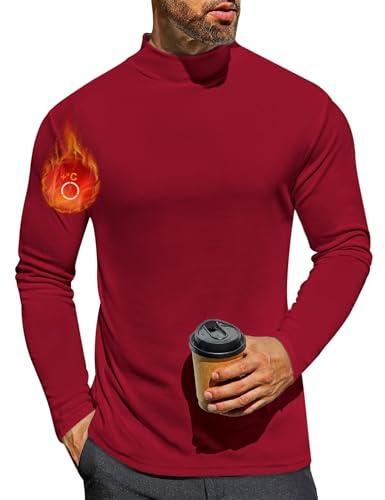 Ekouaer Långärmad tröja för män, rund hals, t-shirt, vinter, termoundertröja, funktionella underkläder, topp, varma toppar, S-3XL, Mörkröd, XL