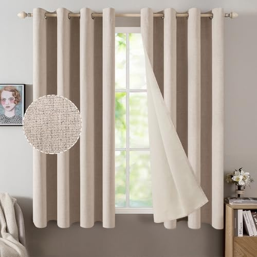 MIULEE Rideaux Opaques et Isolants Thermiques avec Oeillets en Lin 100% Occultants - Protection Contre Le Froid pour Le Salon - Lot de 2, 140 x 160 cm Beige