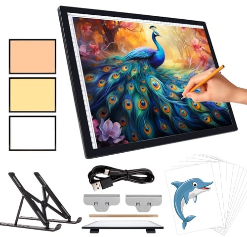 iVAOOZE Leuchttisch A3 mit Ständer/clips,3000mAH Batterie Wiederaufladbares lichtpad,3 Farben dimmbar und 6 Helligkeitsdimmen Lichtplatten für Zeichnung,Diamond Painting,Skizzieren,Tattoo,Designen