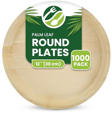 ECO Leaf 1000 Disposable Palm Leaf Plates | 12”(30cm) Round Compostable Dinner Plates | Eco-Friendly, Biodegradable Heavy-Duty Plate for Wedding, Party & Picnic |Microwave & Oven Safe