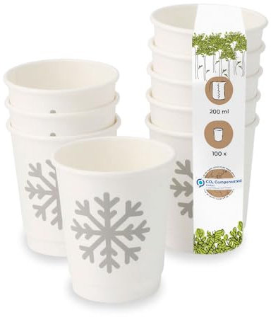 BIOZOYG 100 gobelets de 200 ml à double paroi 'Flocons de neige' d'hiver pour café à emporter biodégradables à usage unique. Gobelets à double paroi en carton blanchi sans chlore pour le auv vin chaud