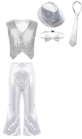 inhzoy Enfant Garçon Fille Gilet Paillette Pantalon Chapeau Sequins Brillant Vêtements Danse Hip-hop Disco Performance Tenue Danse Moderne Jazz Déguisement 2-16 Ans A Argenté 6-7 ans