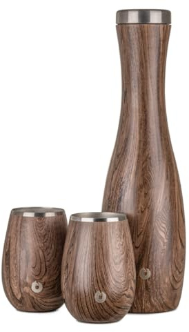 Snowfox Caraffa da vino e bicchiere, caraffa termica in acciaio inox e set di 2 calici da vino abbinati, noce scuro