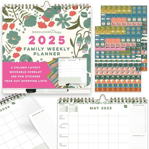 Boxclever Press Family Weekly Planner 2025. 2025 Calendar UK with 6 Columns. Family Calendar 2025 runs Jan - Dec'25. Wall calendar 2025 with Lists, Pocket & Stickers (12 Month)