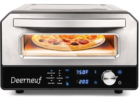 Horno eléctrico de pizza para interiores, calienta hasta 1000 °F, 12 pulgadas en minutos, horno de pizza de encimera con 6 ajustes preestablecidos de visualización táctil, piedra de pizza y cáscara de