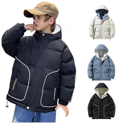 Guqmjde Winterjacke Jungen Daunenjacke Kinder Mantel Jacken Wintermantel Puffer Jacket Kapuzenjacke Thermal Daunenmantel Mode Thermojacke Outdoorjacke Schwarz, 15 Jahre