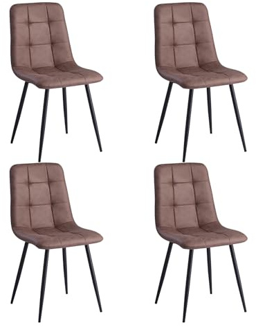 DEYARNA HOME 4-pack skandinaviska matstolar, köksstolar i PU-läder, stoppade stödstolar med svarta metallben, för kök, vardagsrum (mörkbrun)