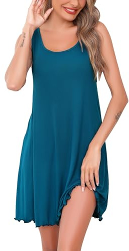Sopesil Chemise de Nuit Femme Été Court sans Manches Robe de Nuit Col en U Nuisette Femme Couleur Unie à Volants,M,Bleu